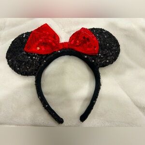 Sequined Minnie Mouse Ears with Red Bow